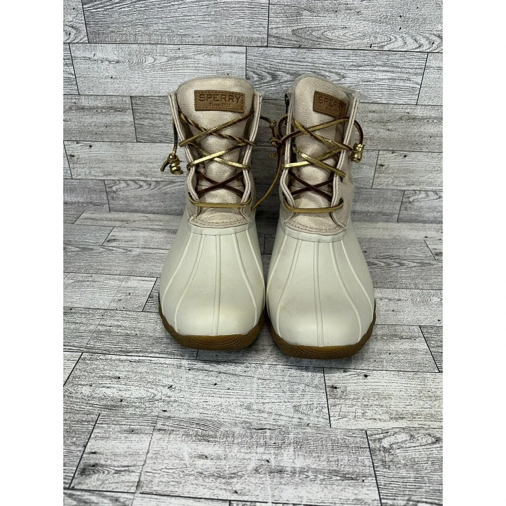 Sperry Boots Women's 9M Saltwater Duck Rain STS80493 White Cream Rubber Lace Zip